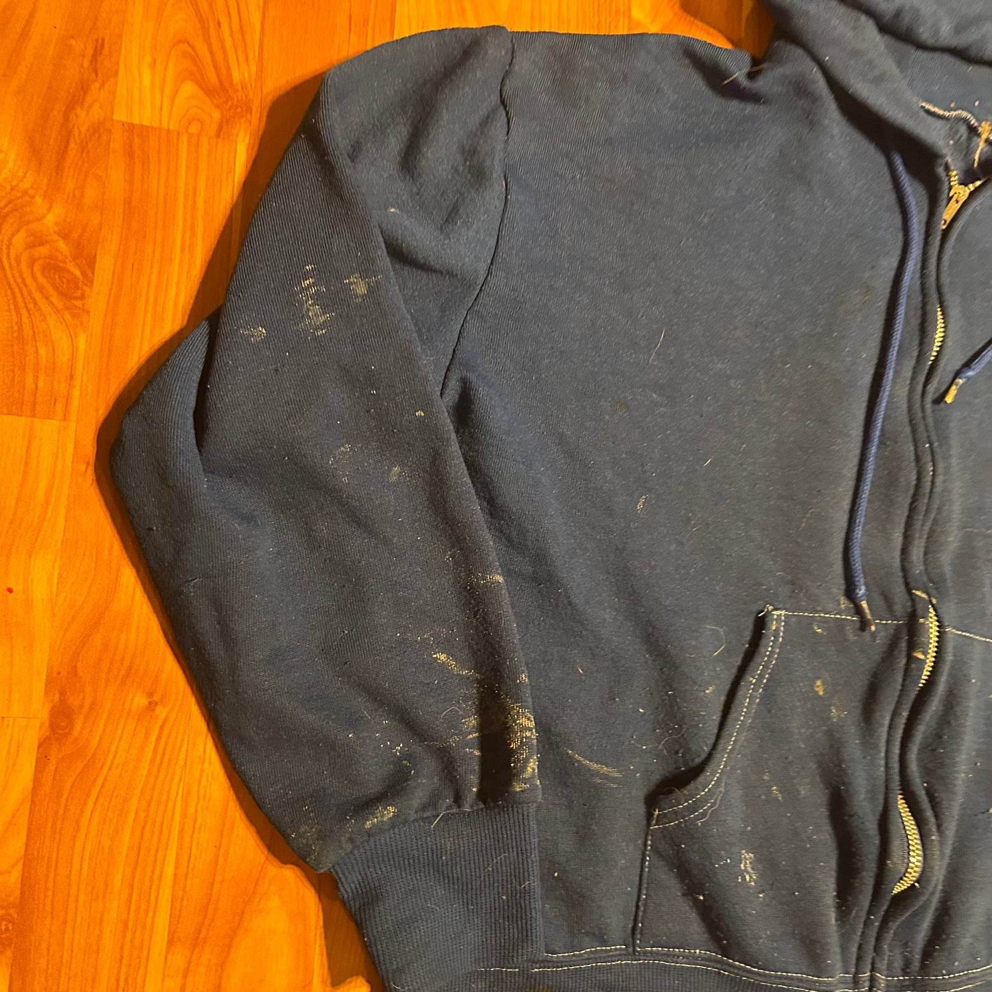 80/90’s Blue Zip Up Painters Hooded Hoodie Sweatshirt - Cropped boxy Large - 23” x 21.5”