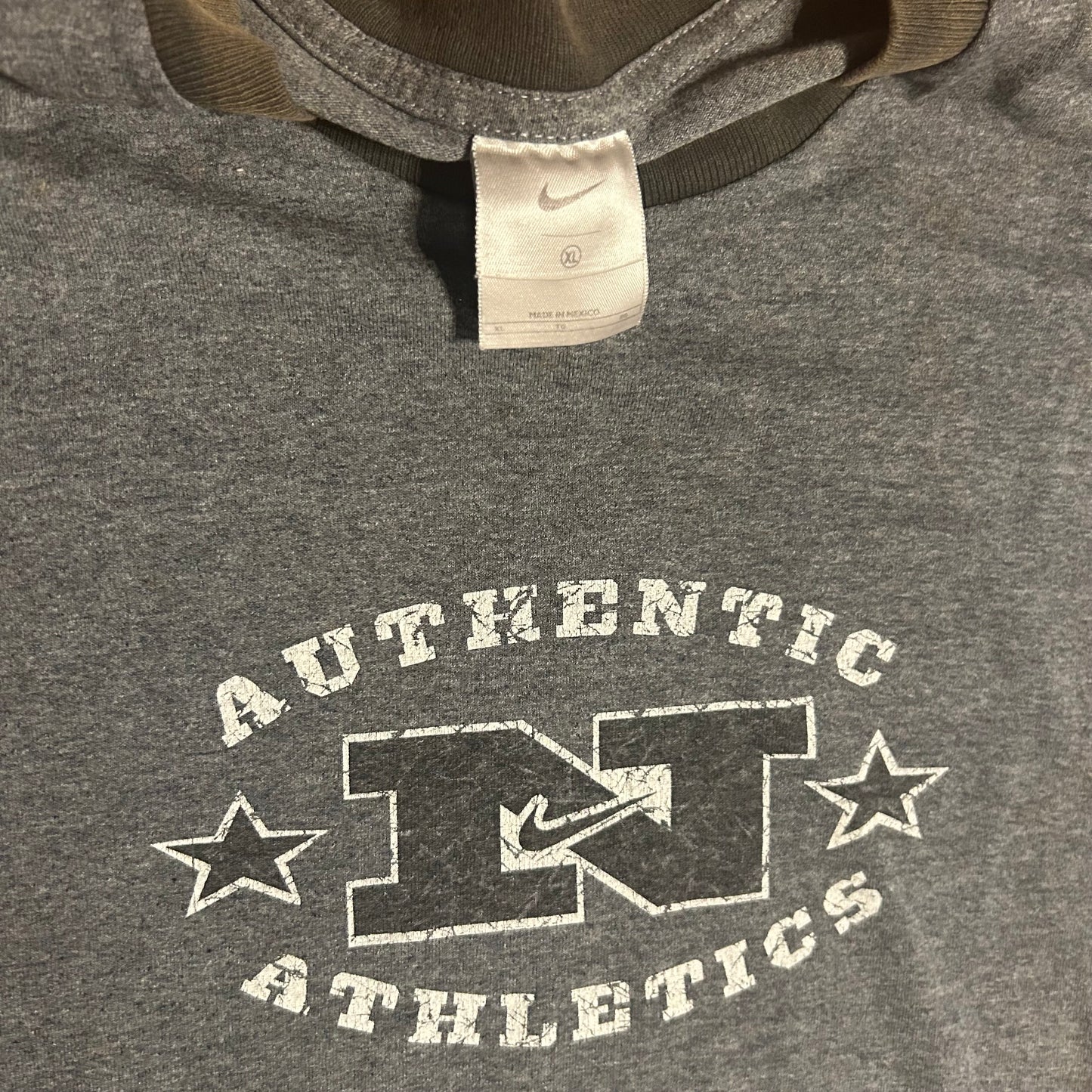 00's Nike Grey Tag Authentic Athletics Ringer Grey Faded Tshirt - XLarge - 24” x 29”
