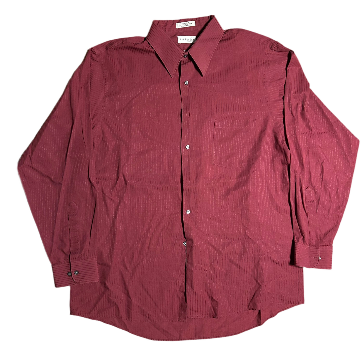 Van Heusen Poly Cotton Satin Stripe Red Button Up Down Wrinkle Free Dress Shirt - XLarge - 24” x 30”