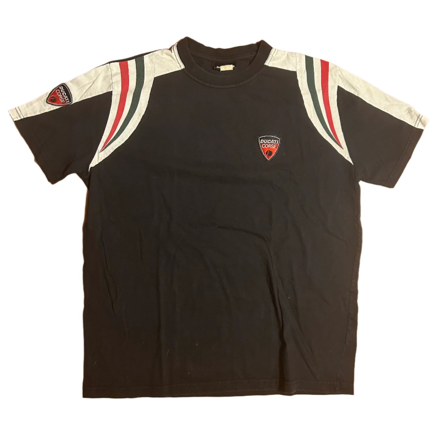 Ducati Corse Black Striped Motorcycle Italian Racing Tshirt - Large - 22” x 26.5”