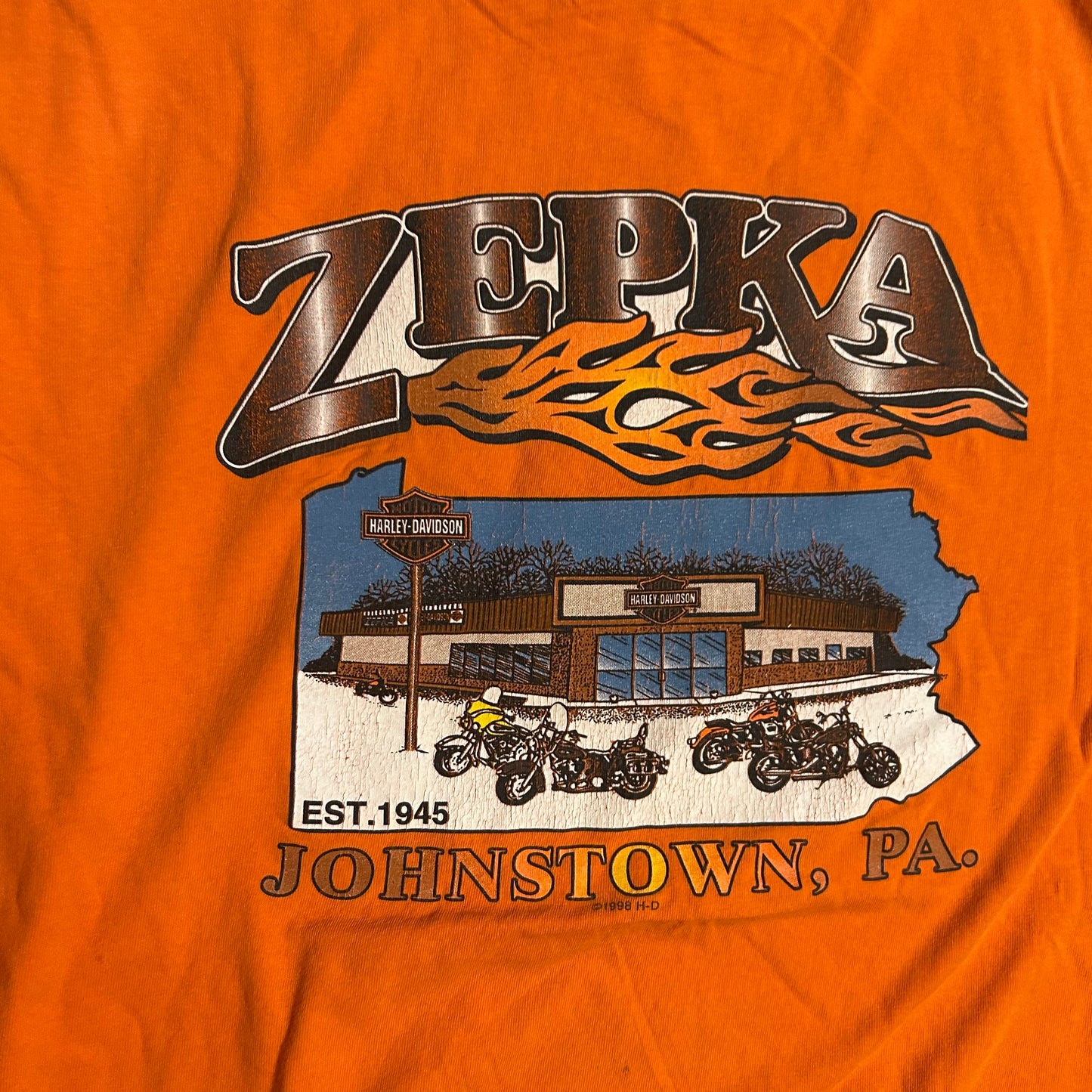 90's Harley Davidson Motorcycles Zepka Johnsontown Pennsylvania Cotton 1998 Orange Tshirt - Boxy XLarge - 26" x 28"