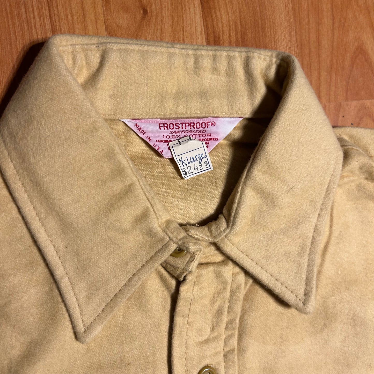 70's Frostproof Sanforized Cotton Yellow Button Up Down Overshirt Shirt - Large - 22” x 27”