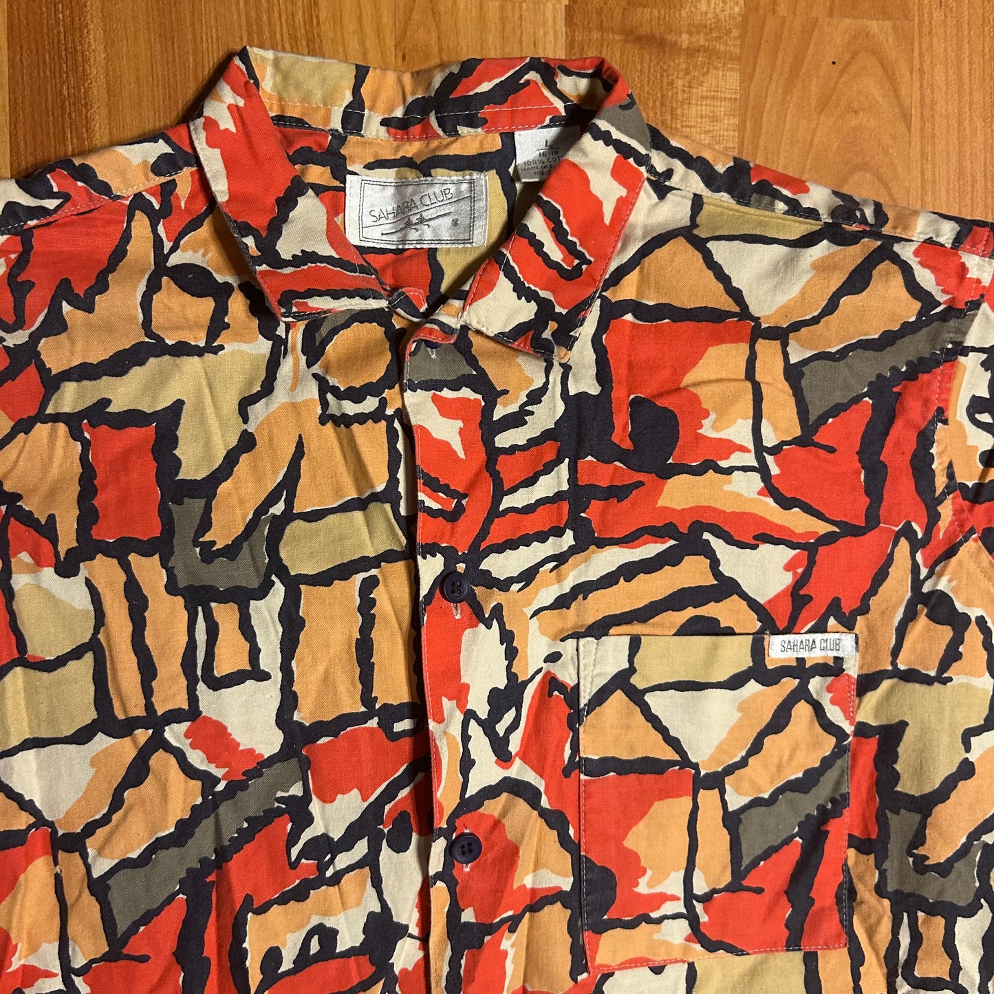 80's Sahara Club Cotton Multicolor Design Button Up Down Short Sleeve Collared Shirt - Boxy Medium - 21” x 24”