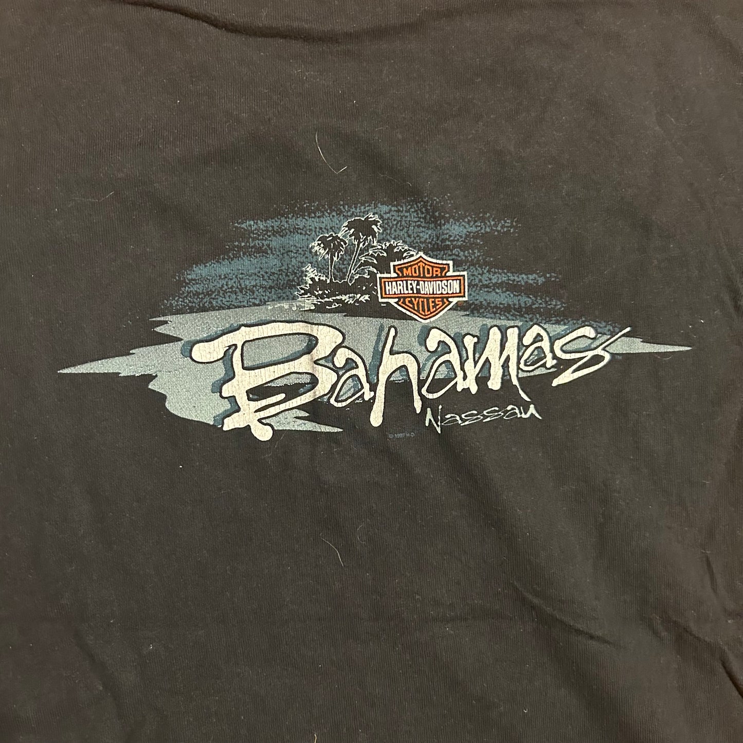 90's Harley Davidson Motorcycles Think Fast Bahamas Nassau Quarter Button Up Black Shirt - Medium - 20" x 26"