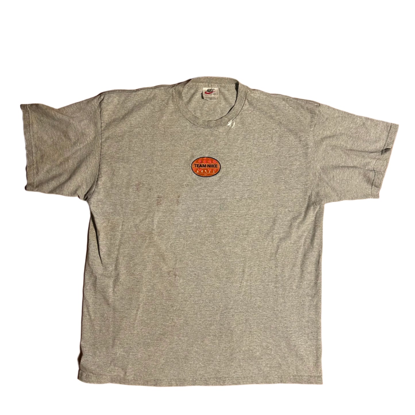 90's Nike Orange Swoosh Team Nike Grey Tshirt - XLarge - 24” x 30.5”