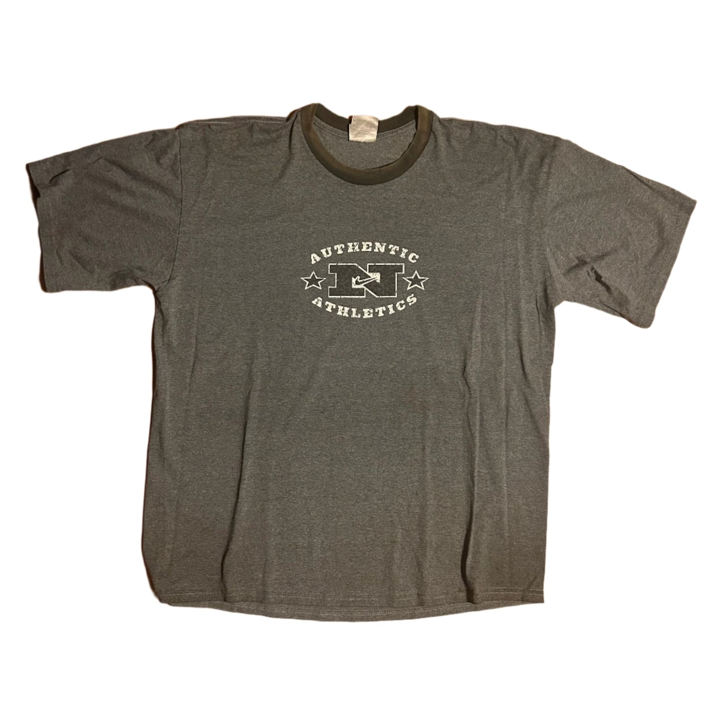 00's Nike Grey Tag Authentic Athletics Ringer Grey Faded Tshirt - XLarge - 24” x 29”