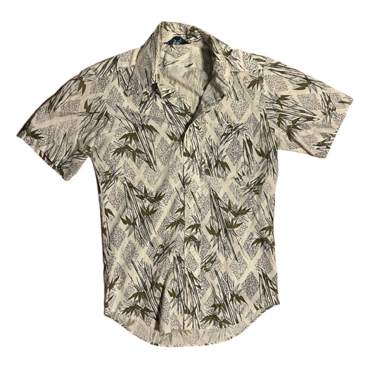 60's Heroman Cotton Tropical Pattern White Black Short Sleeve Button Up Down Collared Shirt - Small - 19” x 27”