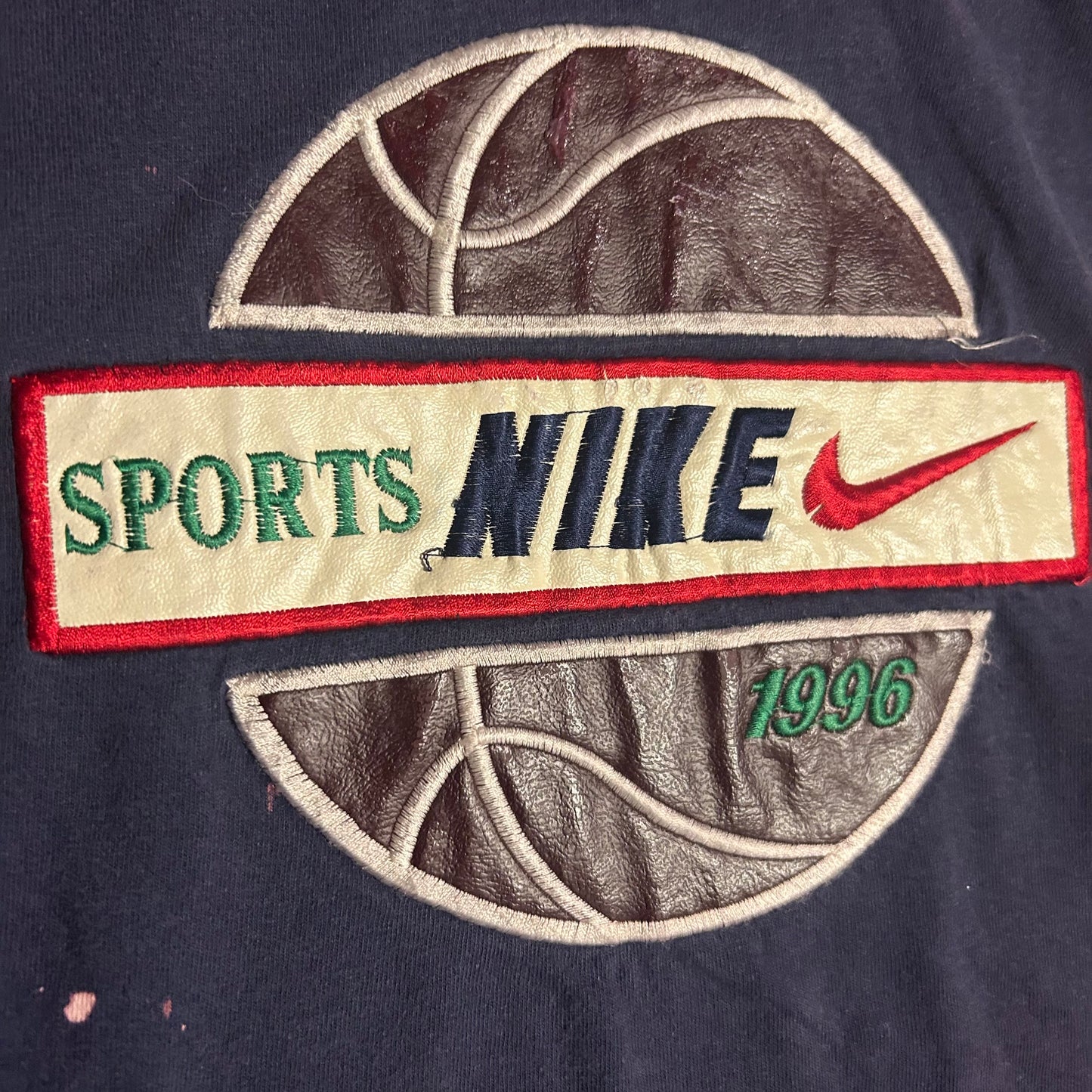 90's Nike Grey Tag Made in USA Leather Sports 1996 Basketball Embroidered Navy Tshirt - Medium - 21” x 28”