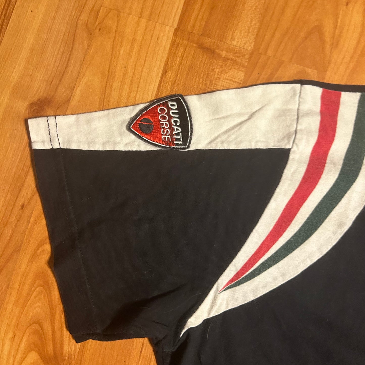 Ducati Corse Black Striped Motorcycle Italian Racing Tshirt - Large - 22” x 26.5”