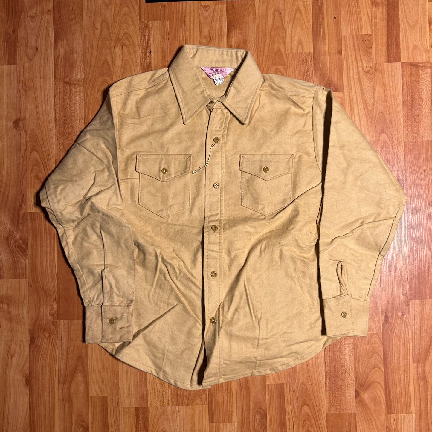 70's Frostproof Sanforized Cotton Yellow Button Up Down Overshirt Shirt - Large - 22” x 27”