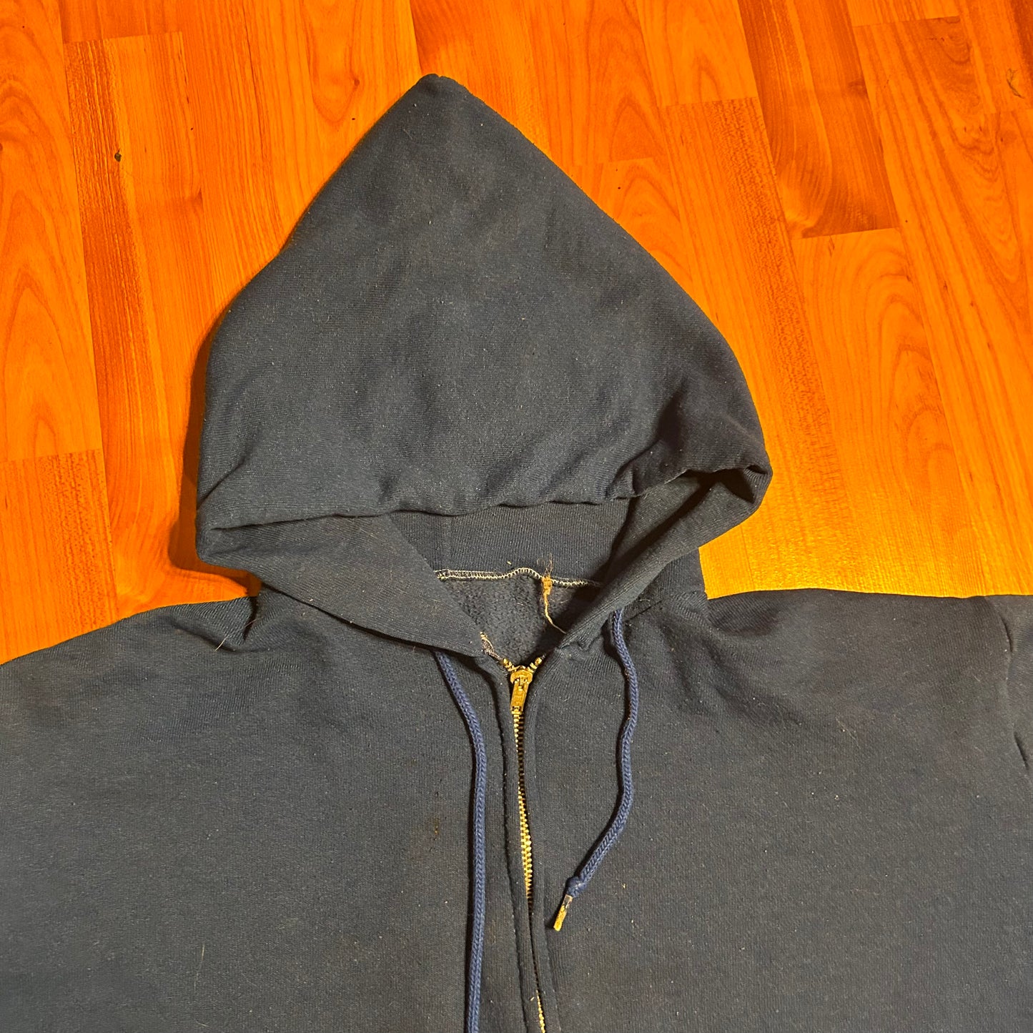 80/90’s Blue Zip Up Painters Hooded Hoodie Sweatshirt - Cropped boxy Large - 23” x 21.5”