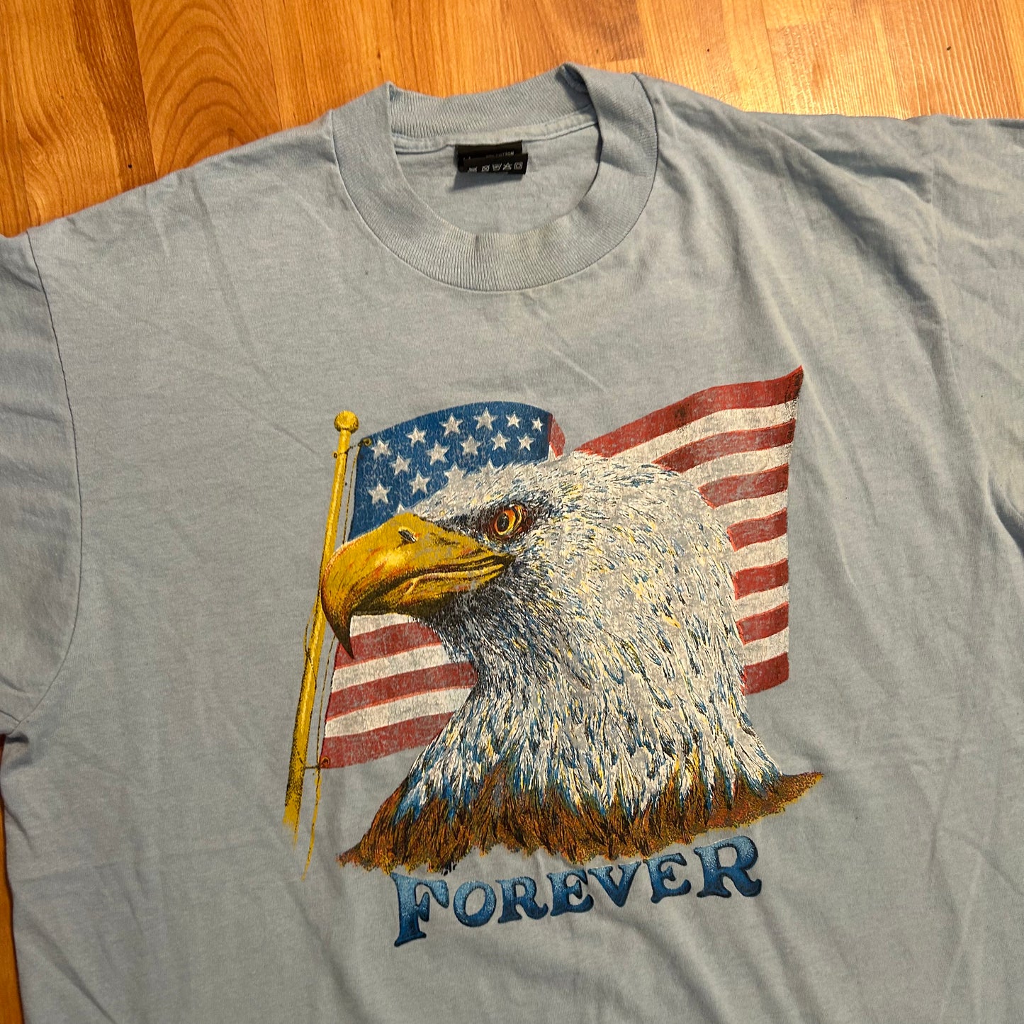 90's FOTL Best Bald Eagle Forever Light Blue Tshirt - Medium - 21" x 27"