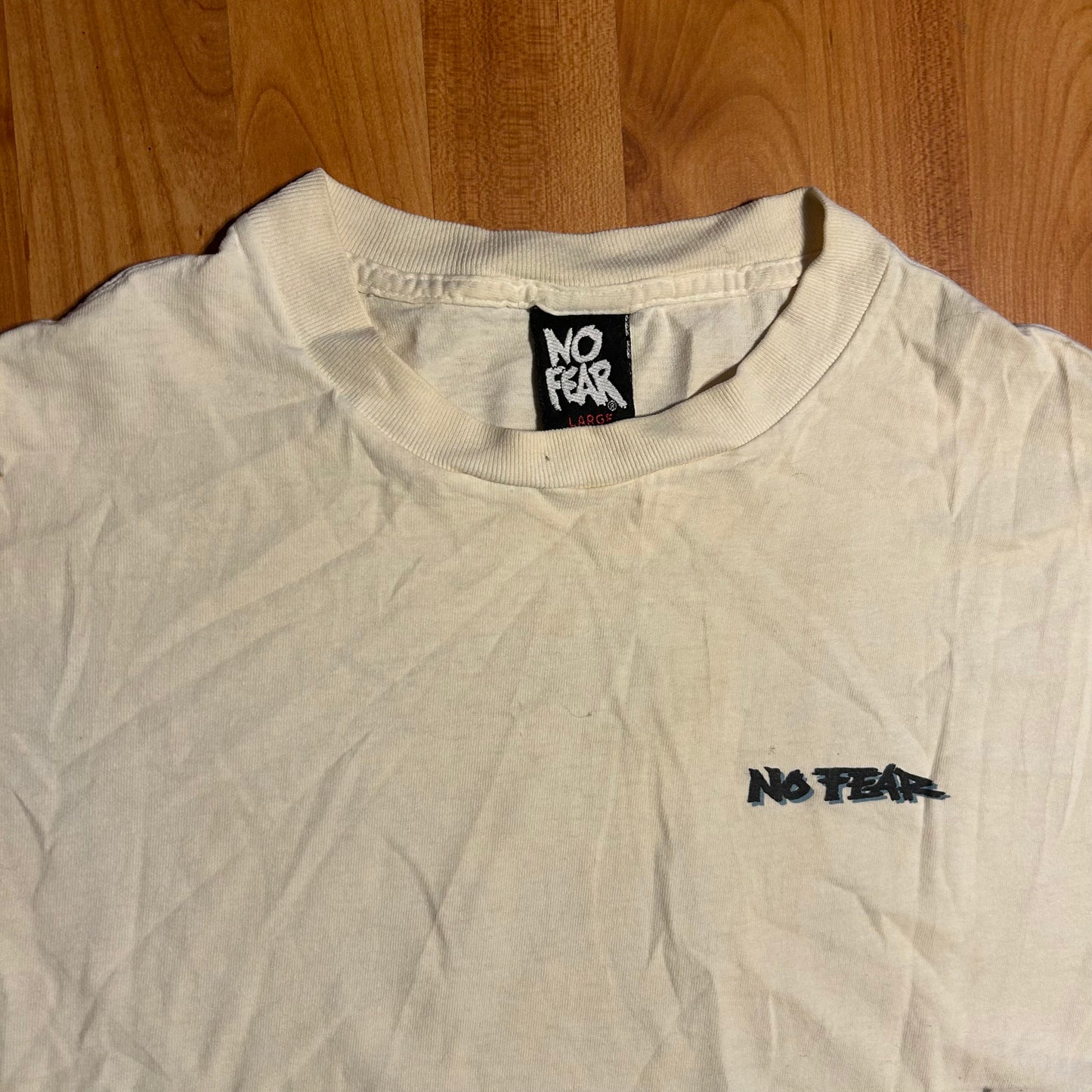 90's No Fear Beat Your Fears With A Big Nasty Stick White Tshirt - Medium - 21" x 26"