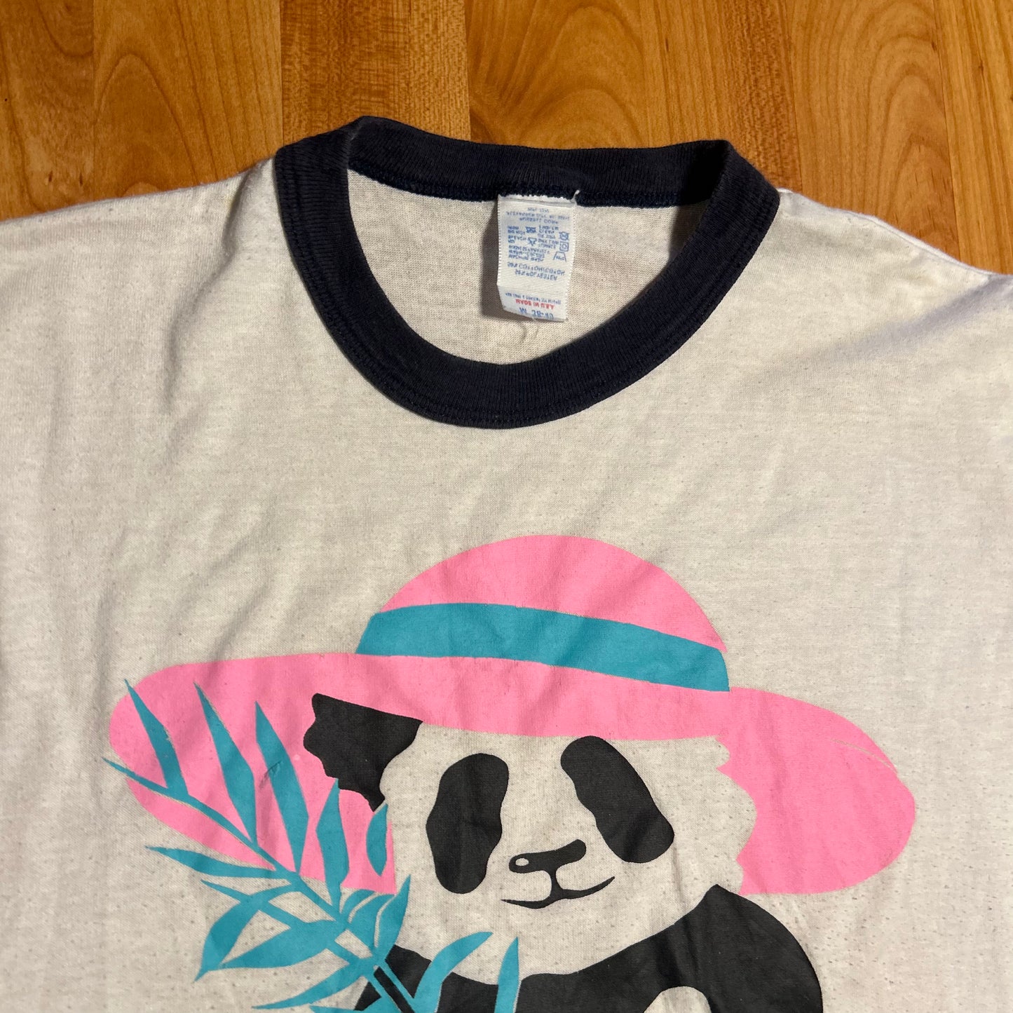 80's Panda White Ringer Tshirt - Small - 18.5" x 25"