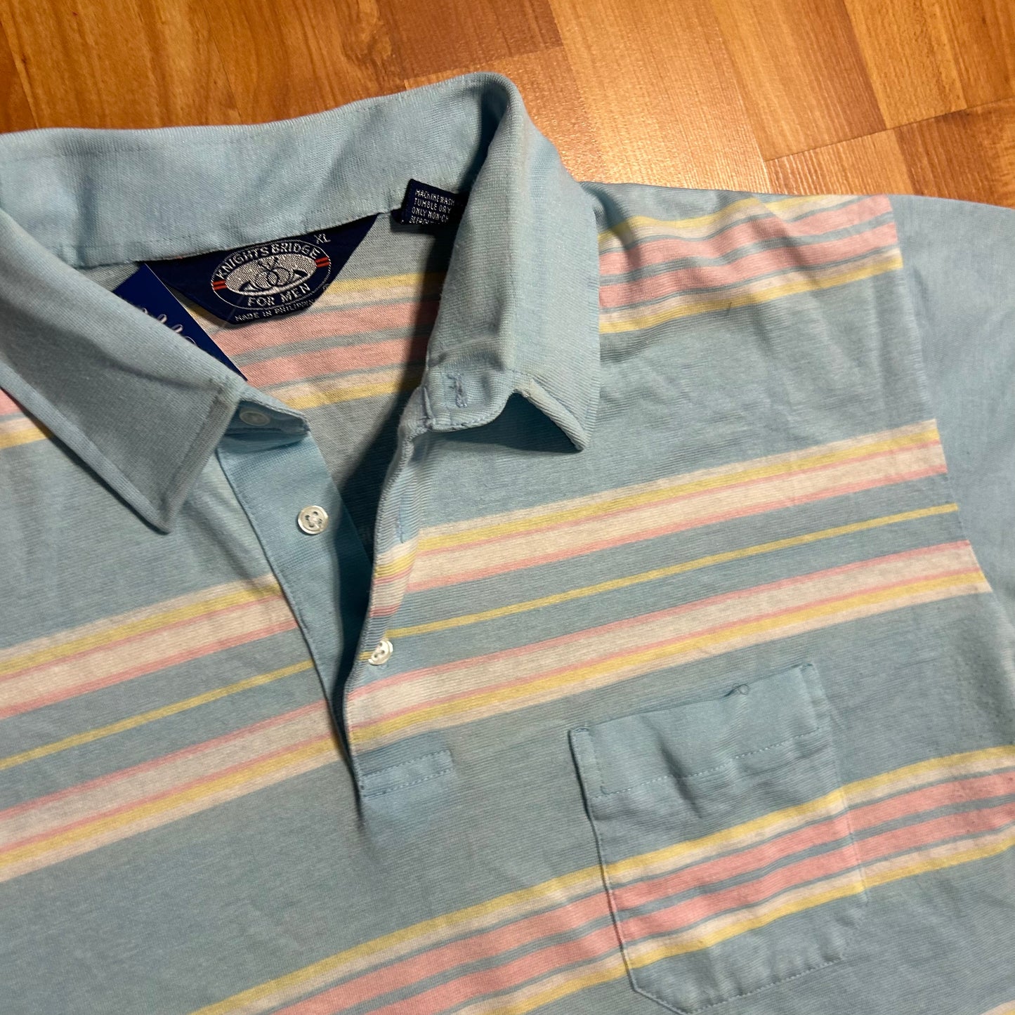 80/90’s Knightsbridge Light Blue Yellow Pink Pocket Polo Collared Shirt - Large - 23" x 27.5"