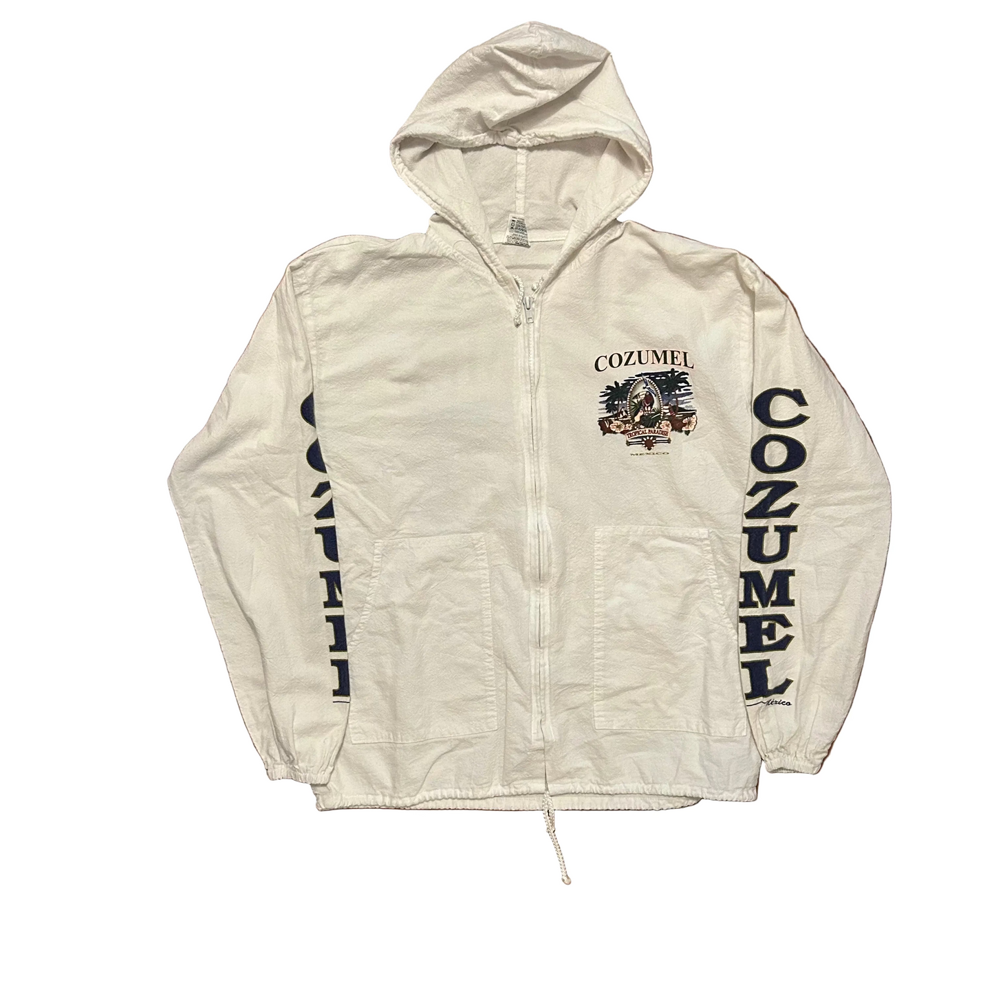 90’s Cozumel Mexico Cotton White Zip Up Hooded Sweatshirt - Medium - 21" x 24.5"