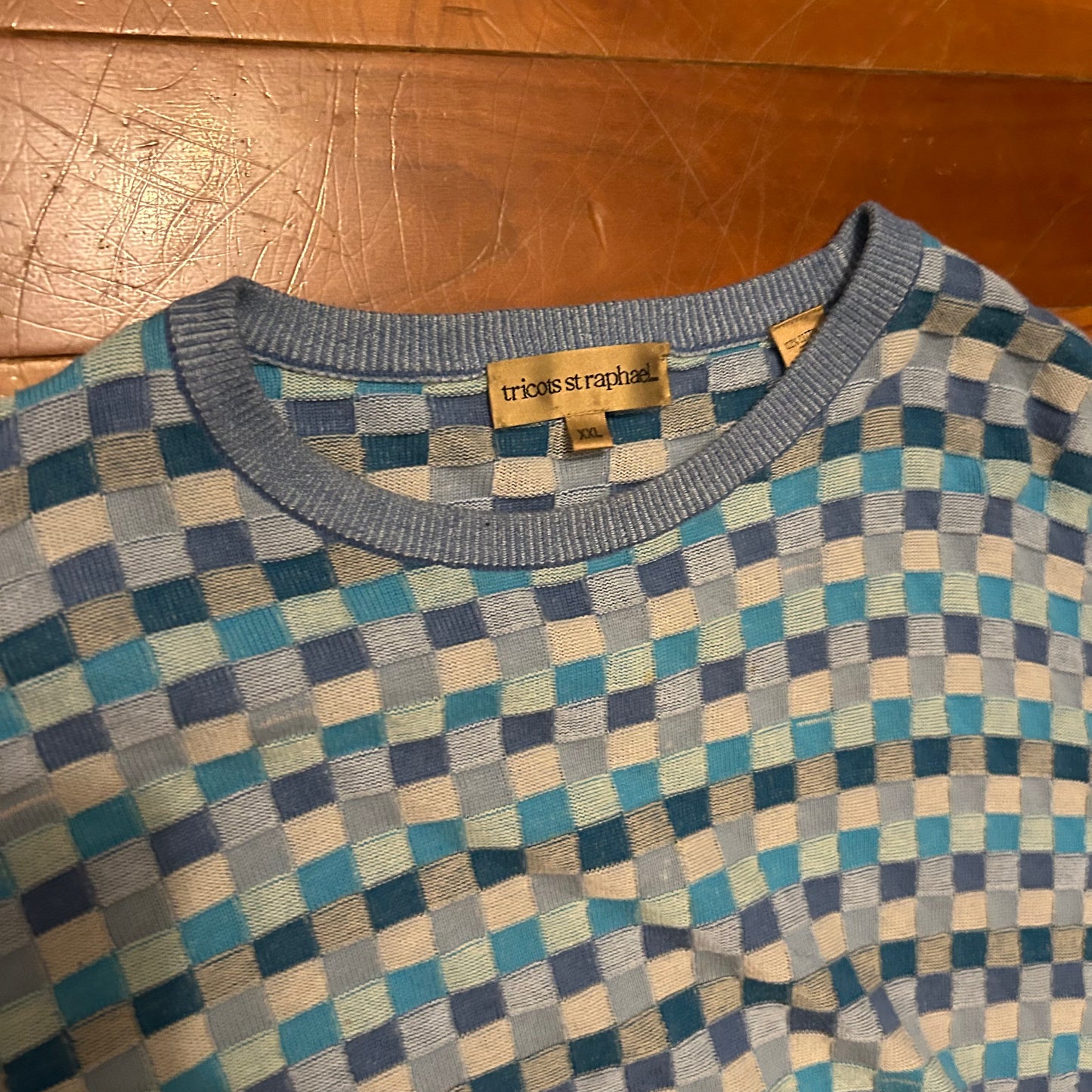Tricots St Raphael Blue Checkered Knit Sweater - XLarge - 26" x 27"