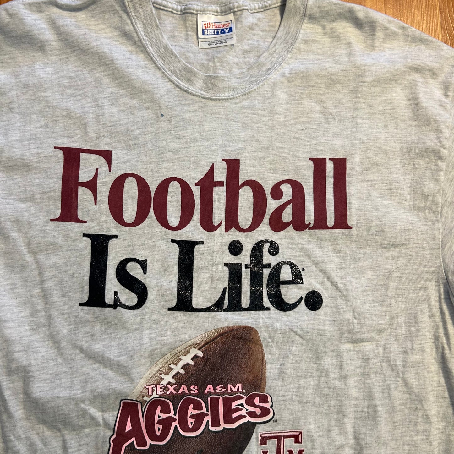 Hanes Beefy Texas A&M Aggies Football is Life Grey Tshirt - Medium - 20.5" x 30"