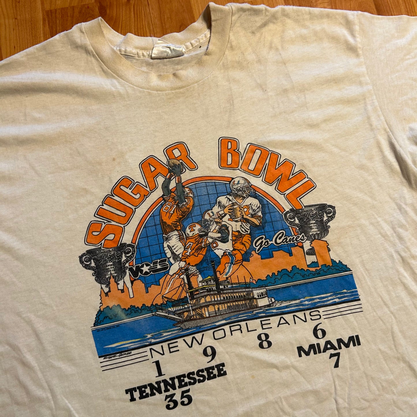 80’s Sugar Bowl Miami Hurricanes Tennessee Vols White Tshirt - XLarge - 24" x 28"