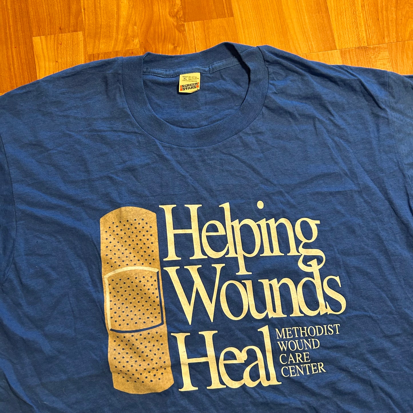 80’s Screen Stars Helping Wounds Heal Blue Tshirt - Medium - 21.5" x 28"