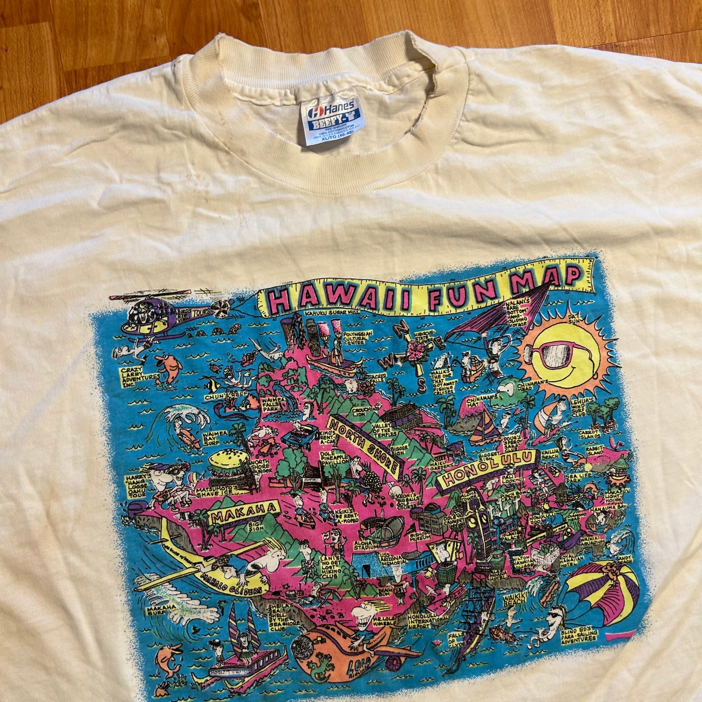 90’s Hanes Beefy Hawaii Fun Map White Tshirt - Large - 23" x 26"