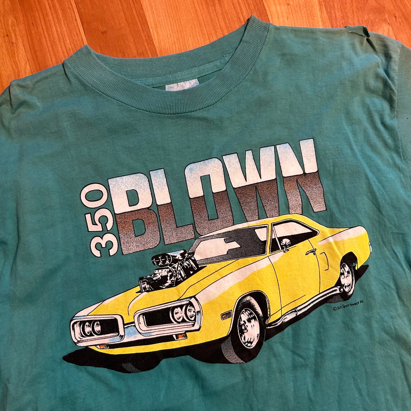 90’s Sun Sportswear 350 Blown Teal Car Tshirt - Small - 19" x 28"