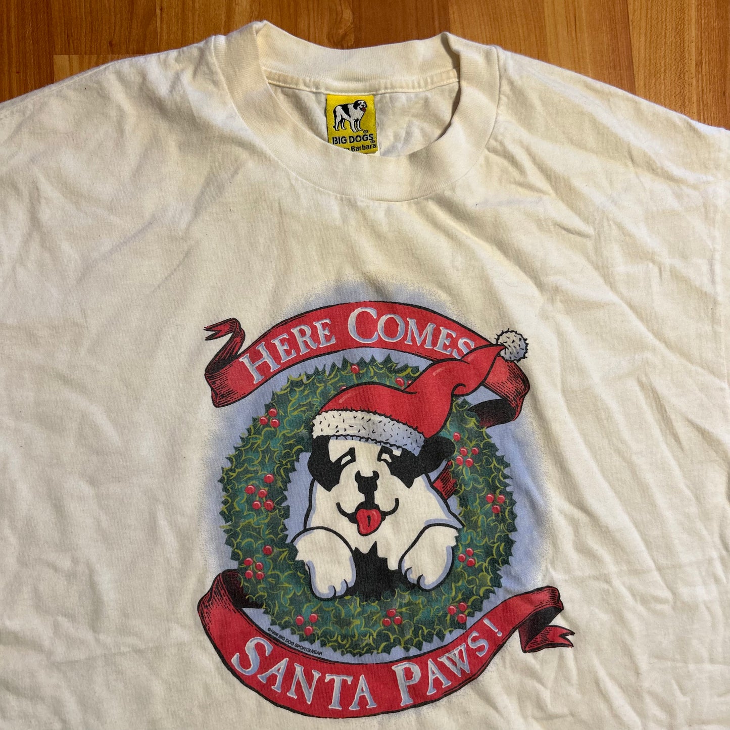 90’s Big Dogs Here Comes Santa Paws White Christmas Tshirt - Large - 22" x 28"
