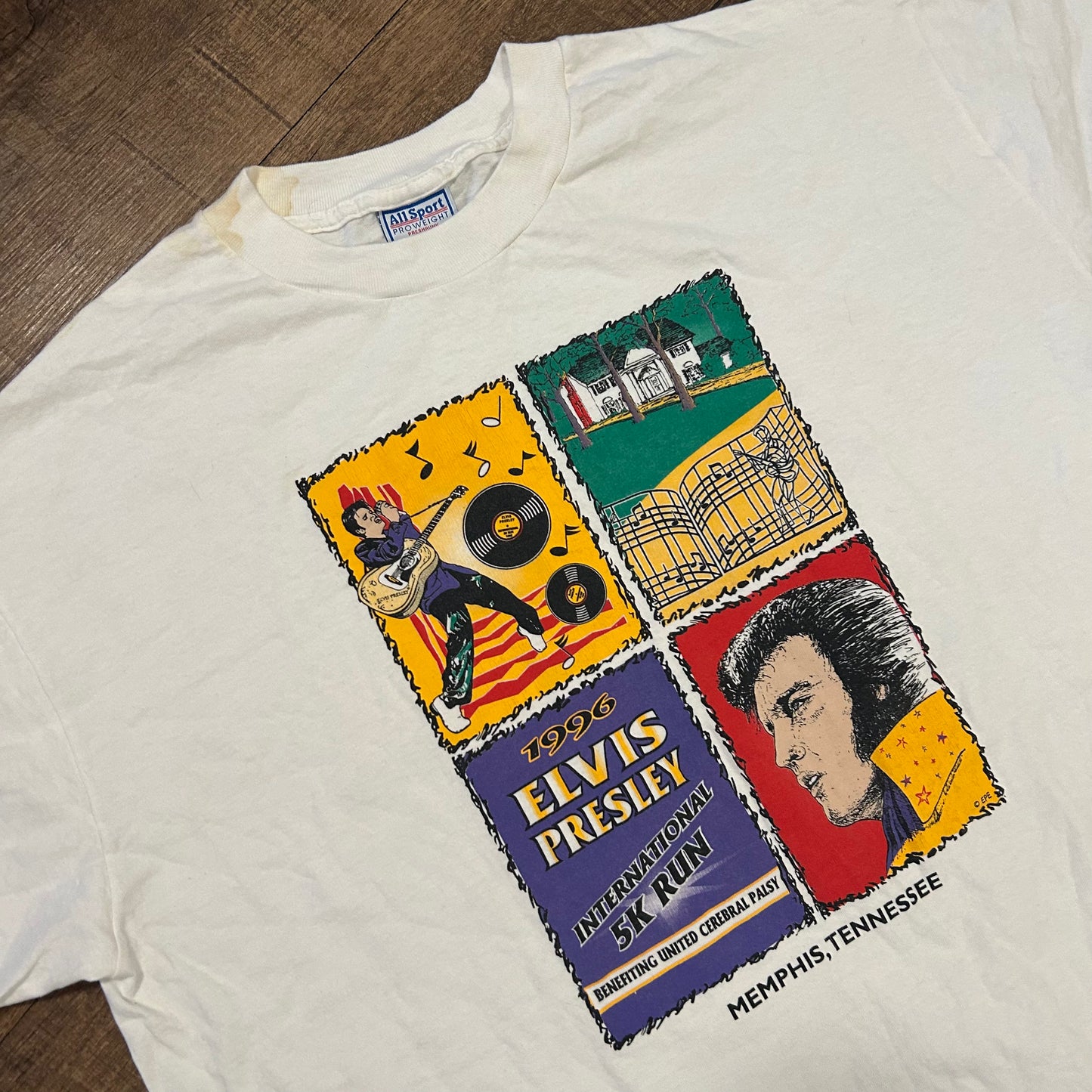 90’s Allsport Elvis Presley 5k Running Memphis White Tshirt - XLarge - 25" x 32"