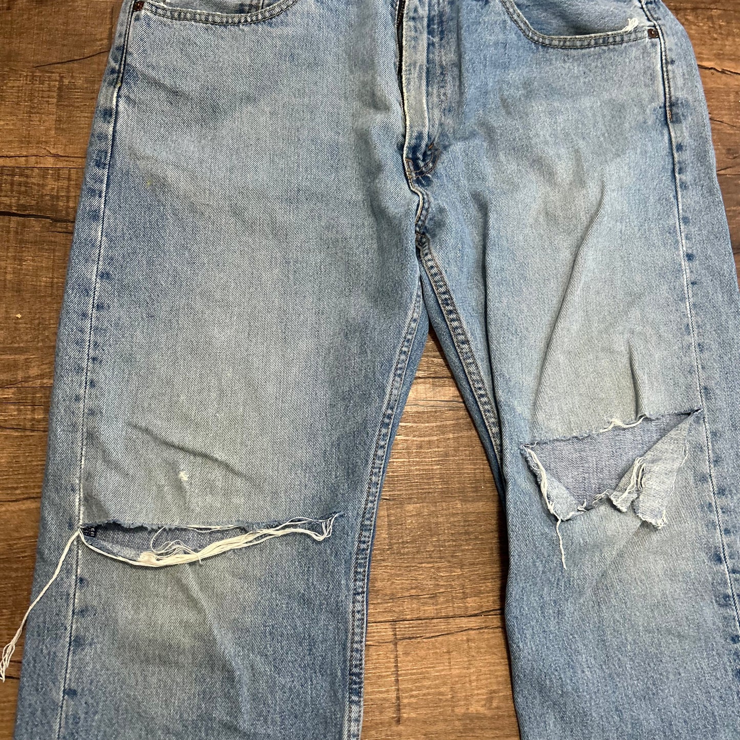 Levis 505 Distressed Knee Blowout Denim Blue Jeans - 36” x 28.5”