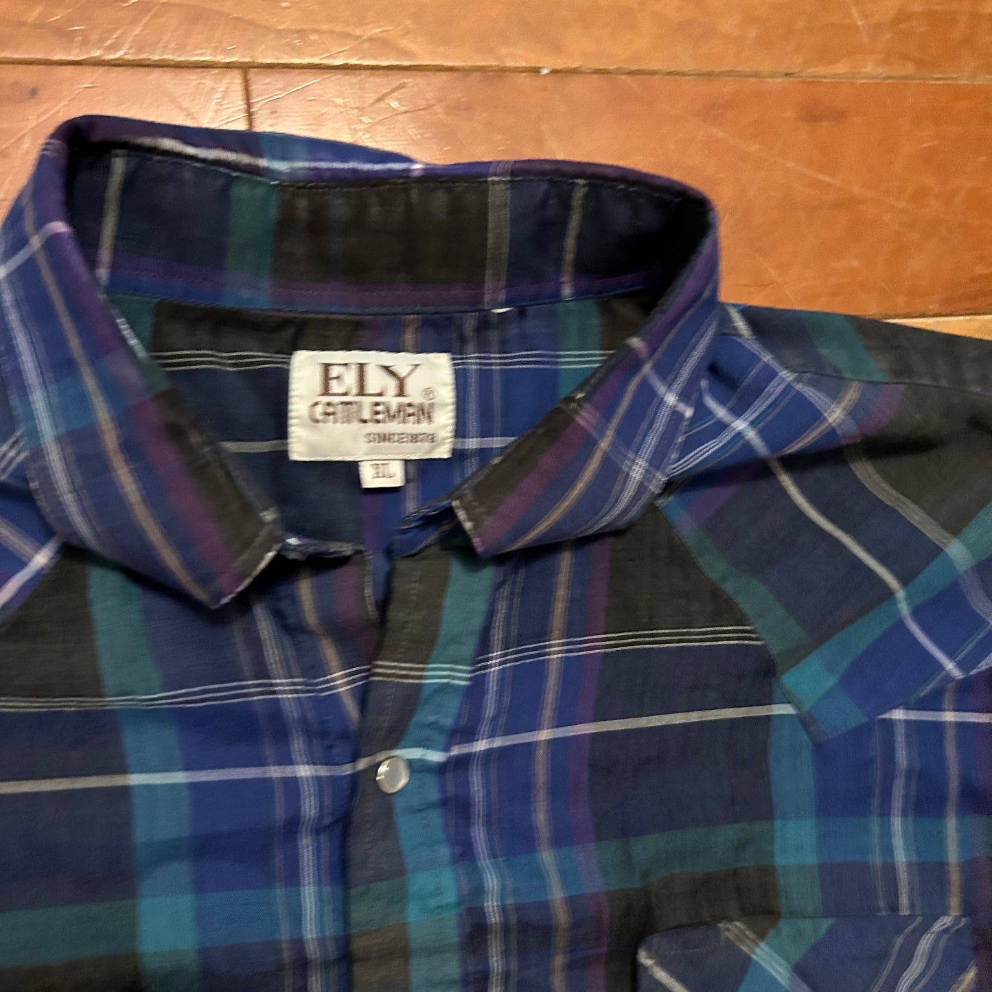 90's Ely Cattlemen Blue Purple Pearl Snap Button Up Western Short Sleeve Shirt - XLarge - 26" x 31"