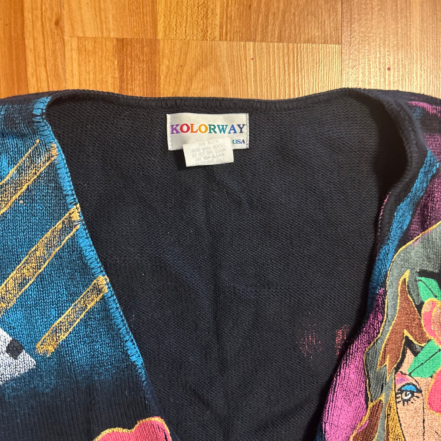 90's Kolorway Painted Cotton Cardigan Sweater - Large - 22" x 28.5"