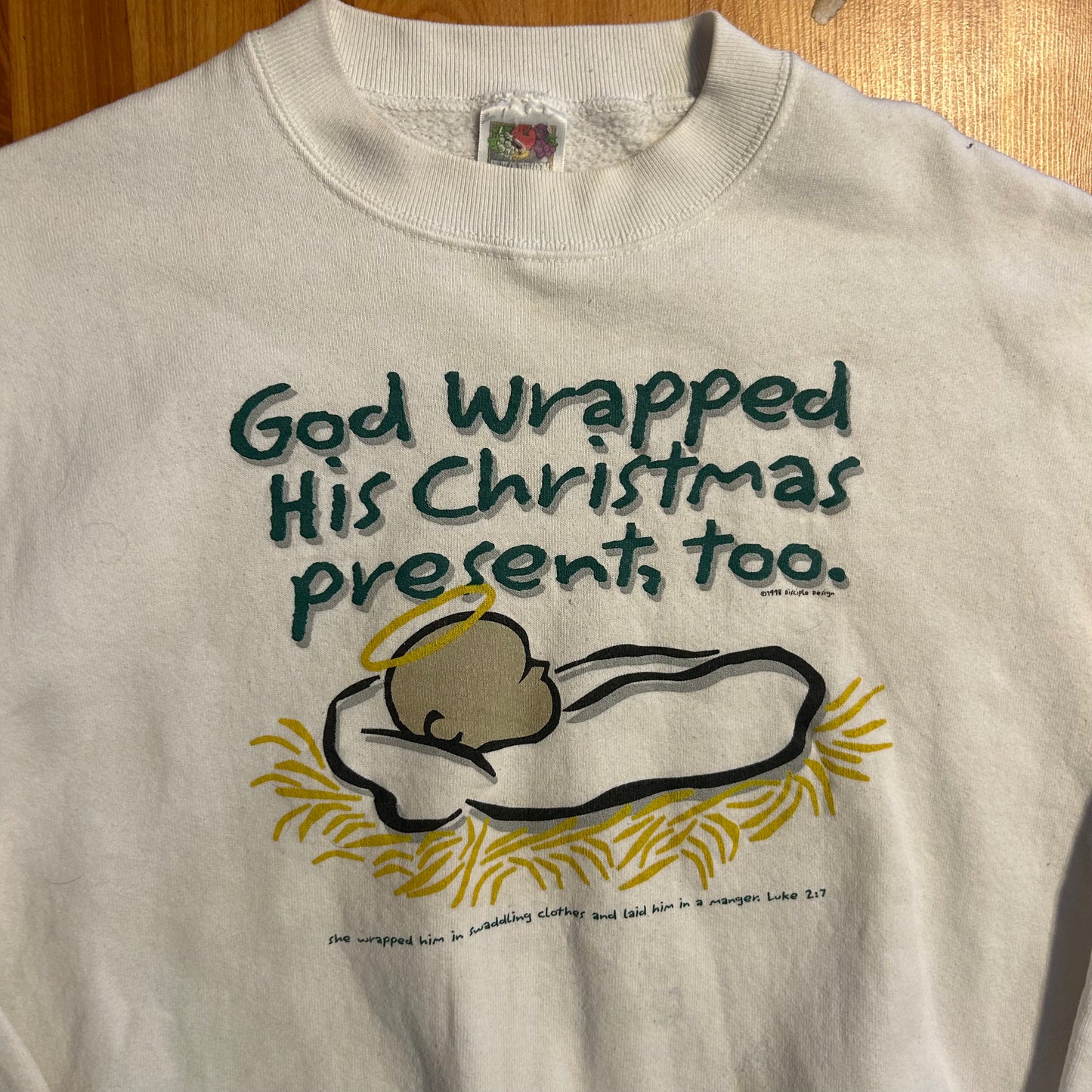 90's FOTL BEST God Wrapped His Christmas Presents White Crewneck Sweatshirt - Large - 22.5" x 25"