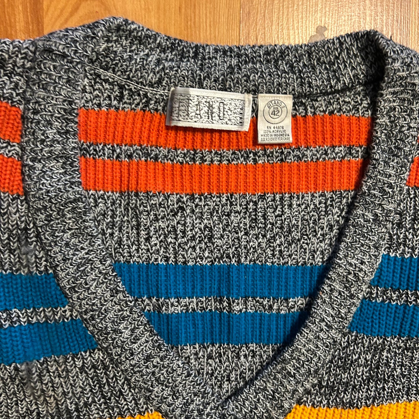 Gitano Acrylic Color Blocked Grey Yellow Orange V Neck Sweater Vest - Large - 23" x 28"