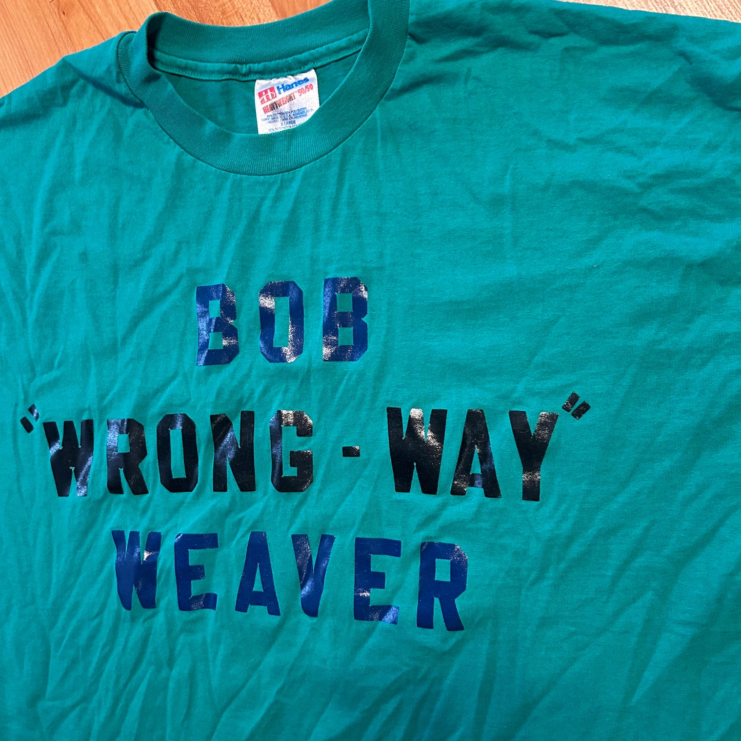 90's Hanes Heavyweight Green Blue Teal Bob "Wrong Way" Weaver Tshirt - Large - 22" x 28"