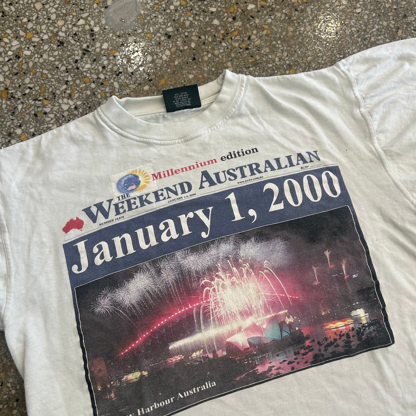 Australian Newspaper Millenium January 1 2000 White Tshirt - Large - 23" x 24"