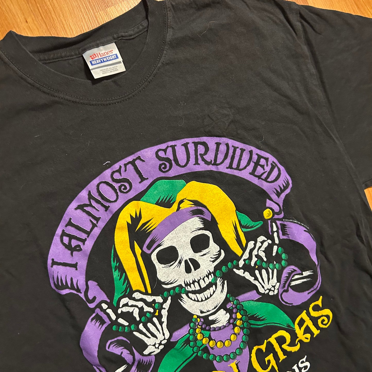 Hanes Heavyweight I Almost Survived Mardi Gras New Orleans Black Tshirt - Small - 19.5" x 28.5"