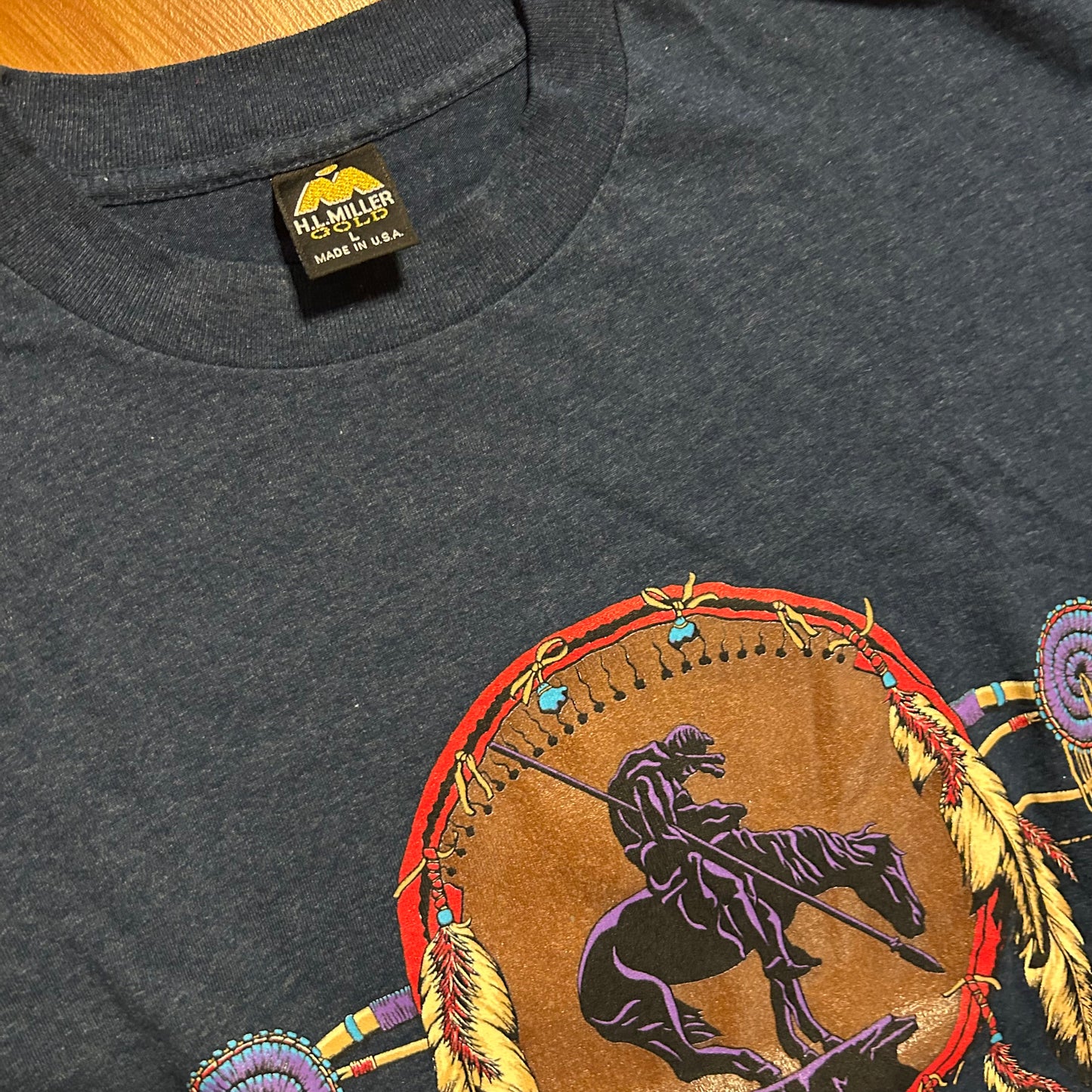 90’s HL Miller Horse Tribal Navy Blue Tshirt - Medium - 21.5" x 28"