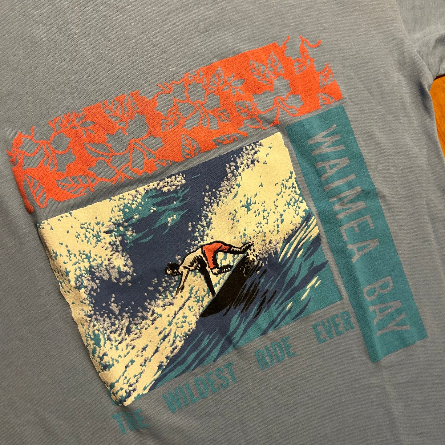 80’s Waimea Bay Wildest Ride Ever Surfing Light Blue Tshirt - Medium - 21.5" x 30"