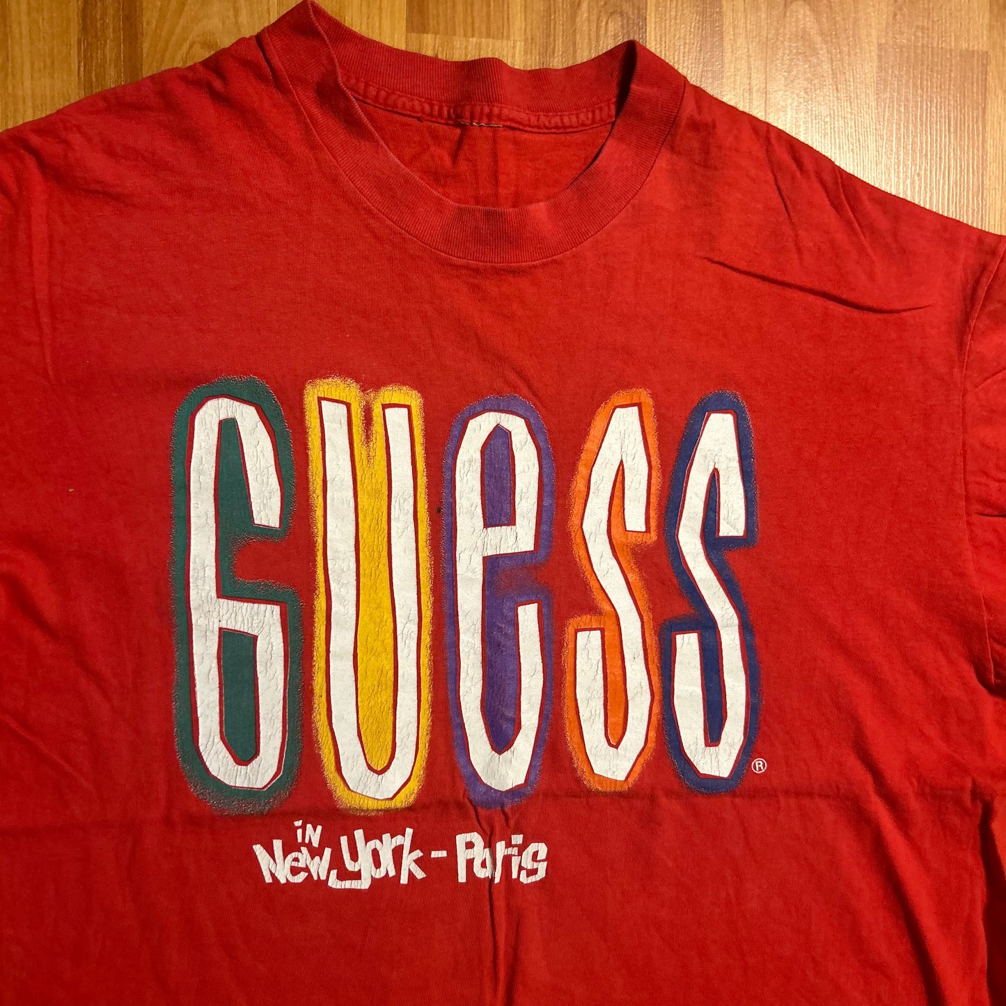 90's Guess Jeans in New York - Paris Red Logo Tshirt - Large - 23" x 27"