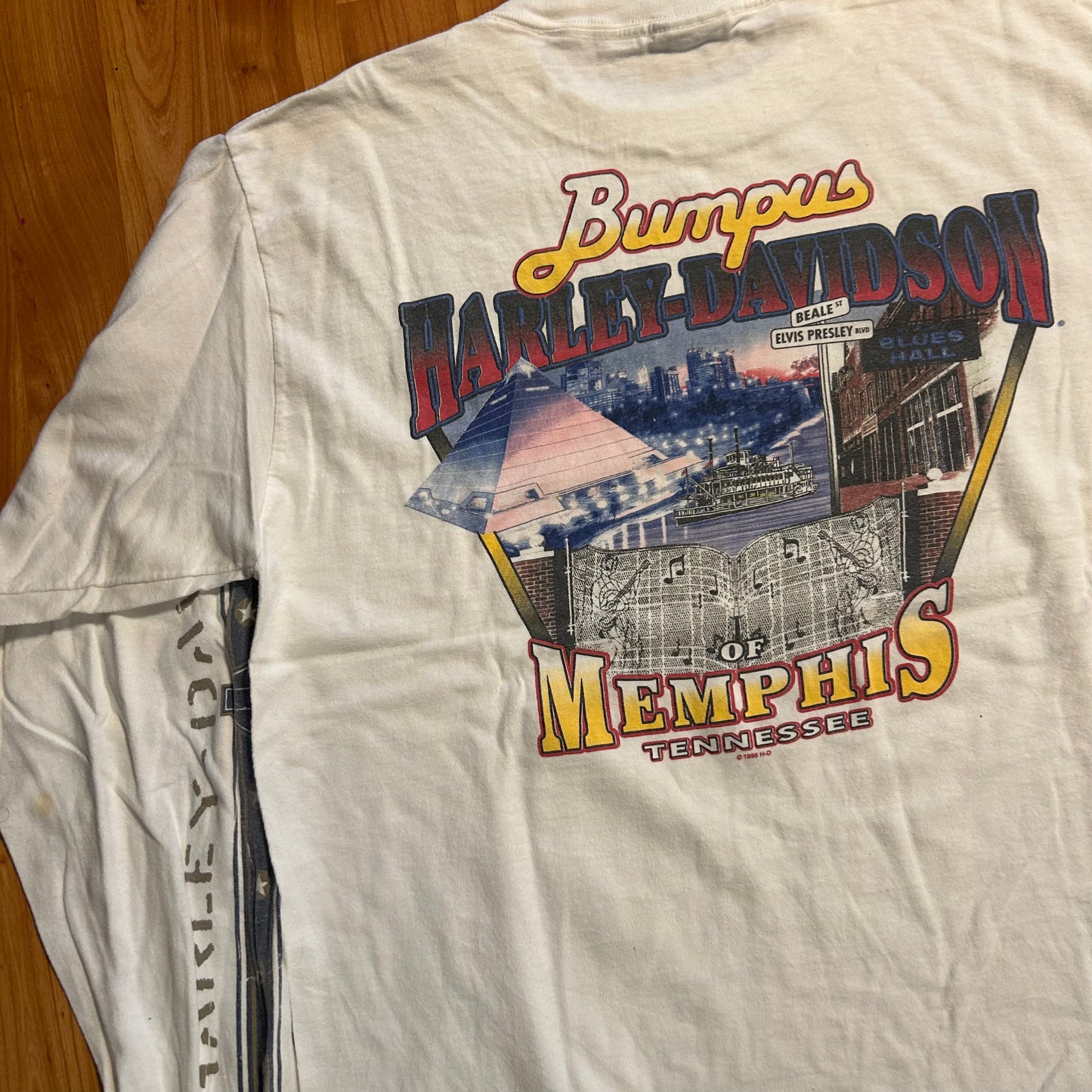90’s Harley Davidson Motorcycles Memphis Tennessee Bumpus White Longsleeve Shirt - Medium - 21" x 28"