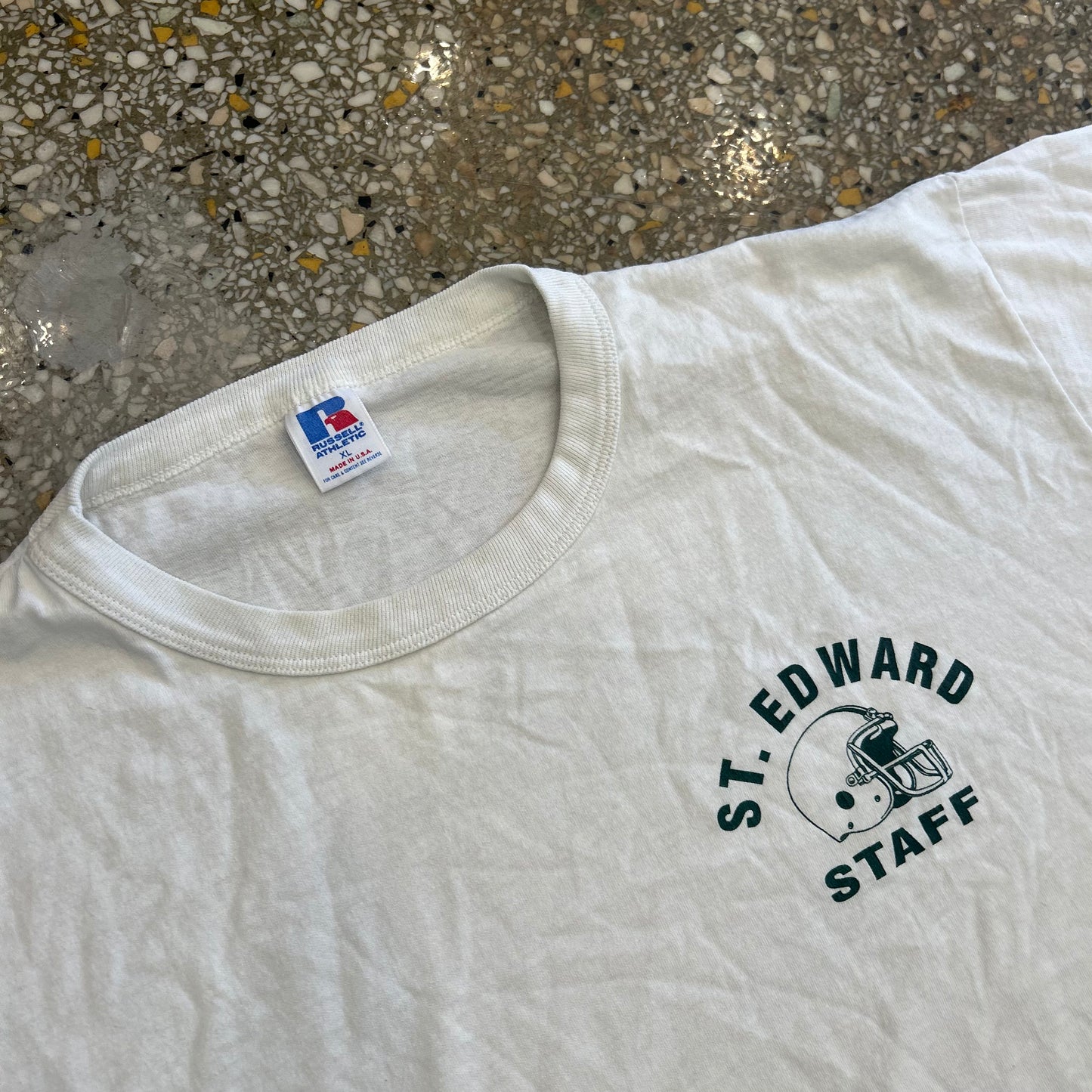 80’s Russell Athletics St Edward Staff Football White Tshirt - XLarge - 24" x 27.5"