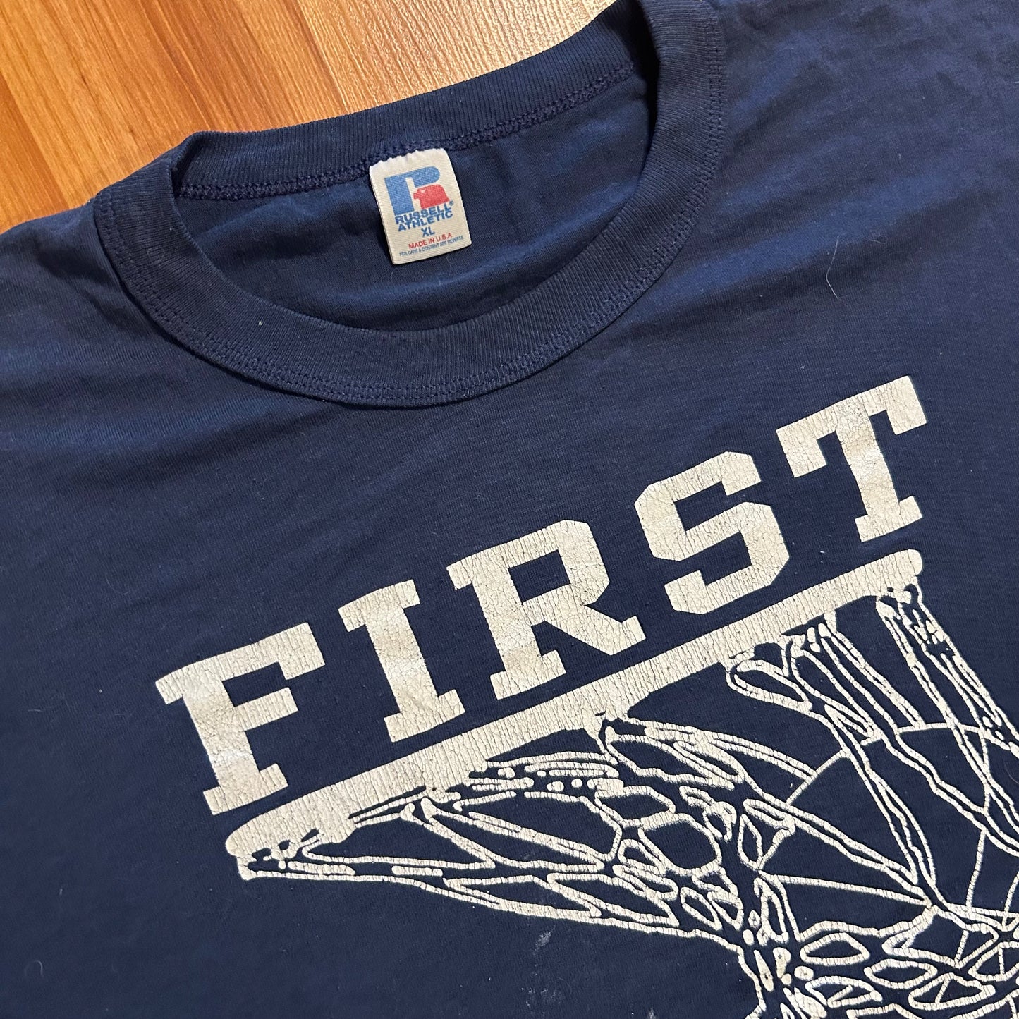 80’s Russell Athletic First Assembly Basketball Paper Thin Navy Blue Tshirt - XLarge - 24" x 28.5"