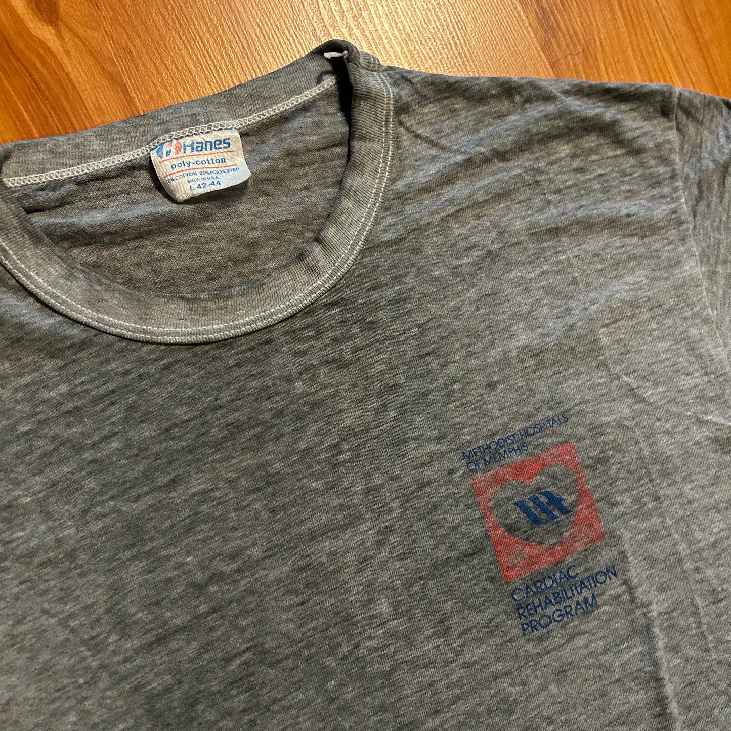 80/90’s Hanes Polycotton Methodist Memphis Hospitals Cardiac Rehab Grey Paper Thin Tshirt - Small - 19" x 26"