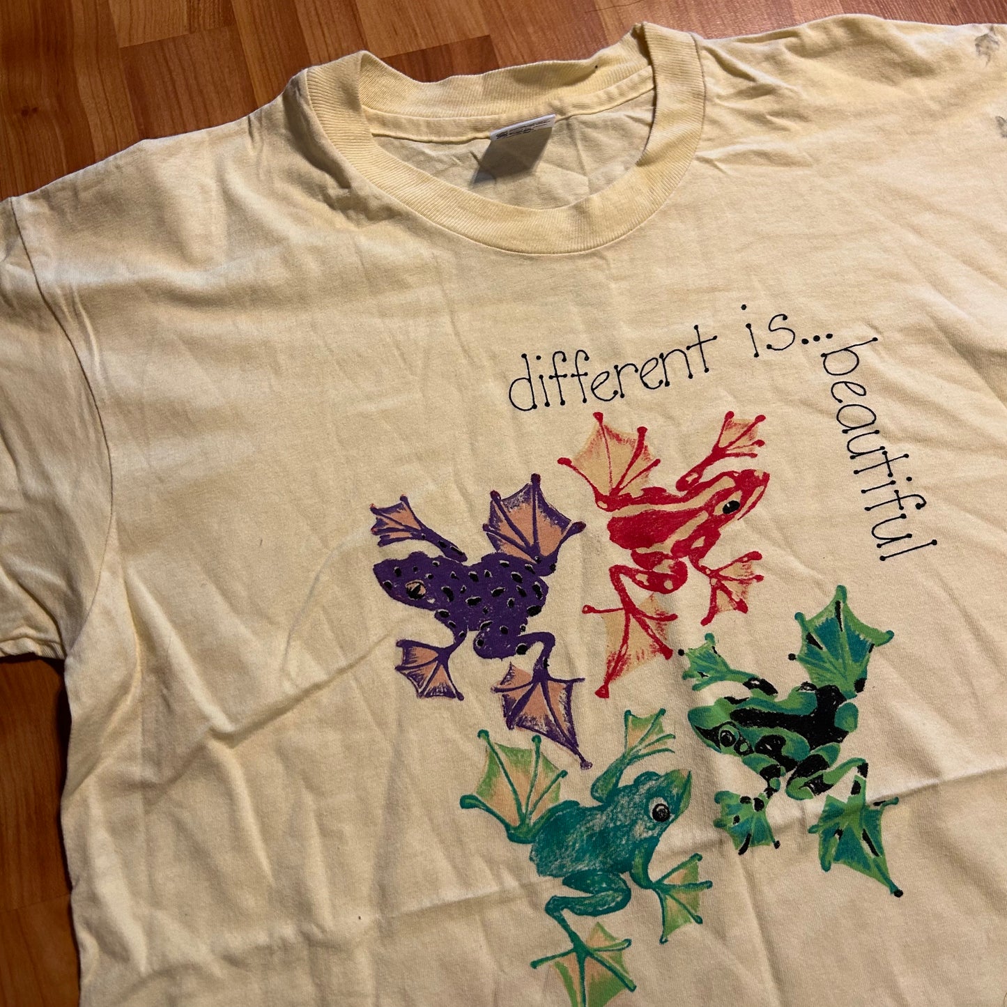 90’s Anvil Different is Beautiful Frog Paint Yellow Tshirt - Large - 22" x 29"