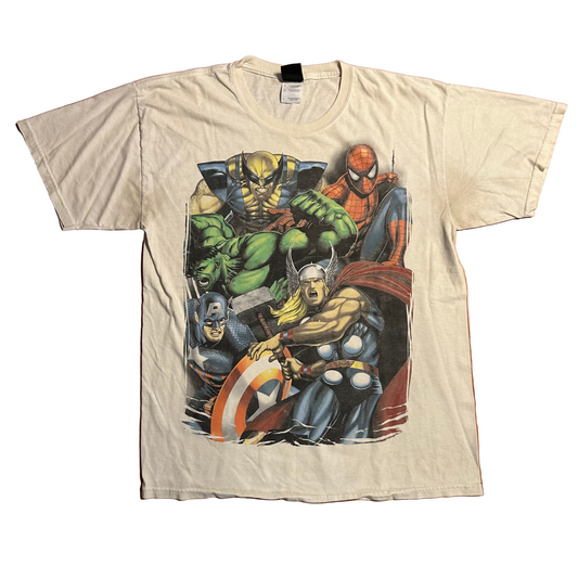 Marvel Comics Mad Engine Avengers Superheroes White Cotton Tshirt - Medium - 21" x 29"