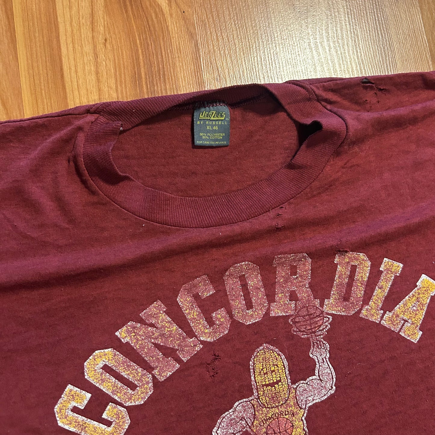 80's Jerzees Russell Concordia Basketball Maroon Red Paper Thin Tshirt - Large - 22" x 27"