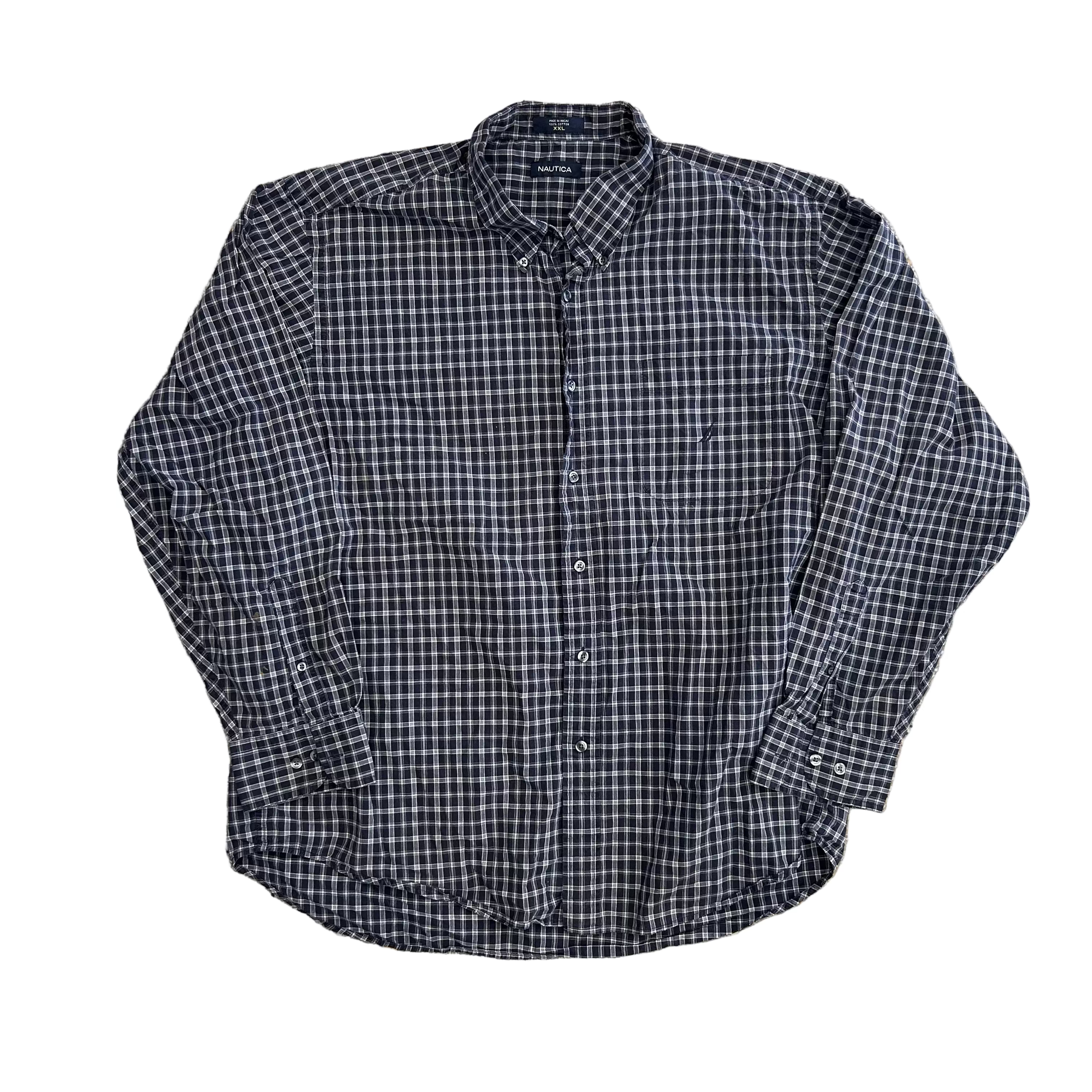 nautica dress shirt Nautica Navy Blue Plaid Cotton Button Up Shirt - XLarge