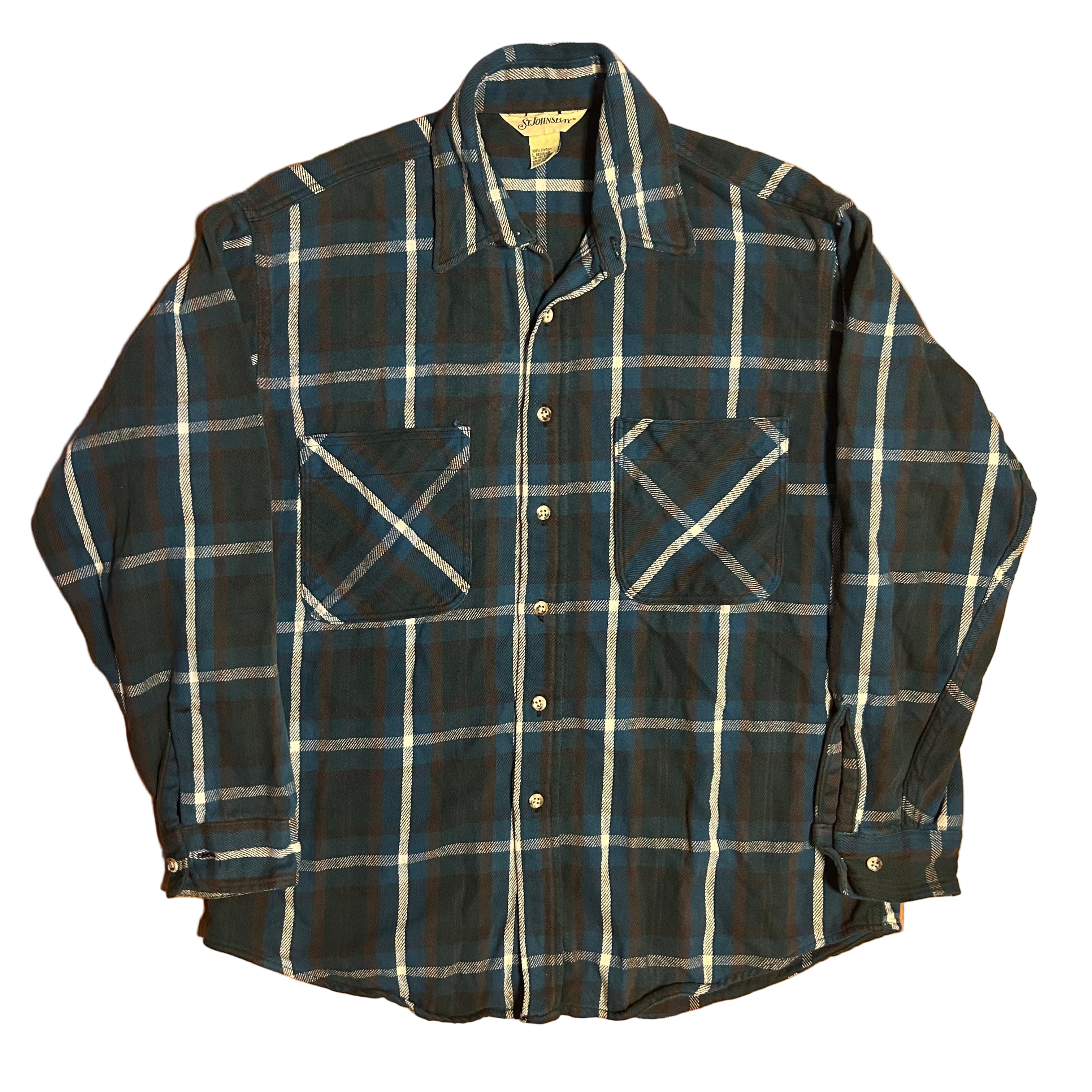 st john's bay men's dress shirts 90's St. John's Bay Green Blue Button Up Cotton Flannel Shirt