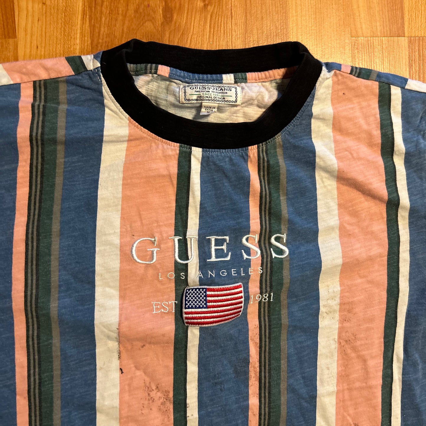 Guess Jeans Vertical Striped Los Angeles Tshirt - Medium - 21" x 26.5"