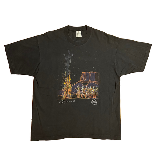 90’s Warrior Camping Fire Authentic Native American Design 1994 Black Cotton Tshirt - Large - 23.5" x 30.5"